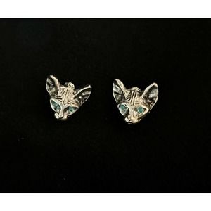 Vintage Silver Spinx Hairless Cat Earring Studs Blue Eyes Unique Jewelry